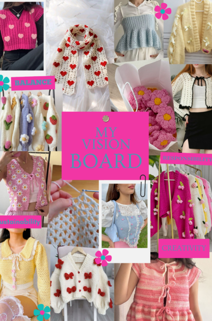 Moodboard met kleurrijke crochet kledingstukken, bloemenmotieven en handgemaakte details als inspiratie voor toekomstige brand