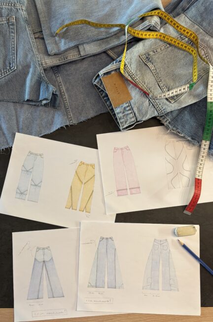 Schetsen van jeansontwerpen met verschillende modellen en tweedehands denimstukken op de achtergrond